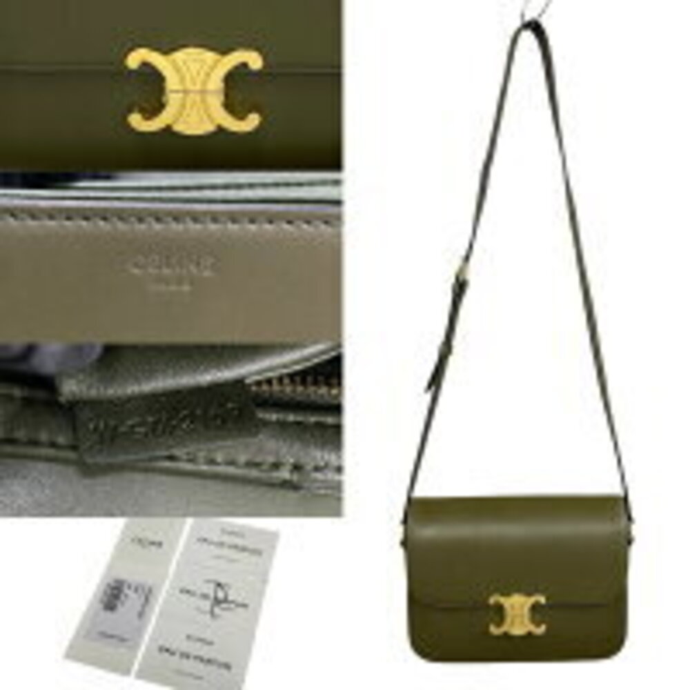 Celine Triomphe logo leather Shoulder Bag sacoche Khaki Green - Picture 3 of 8